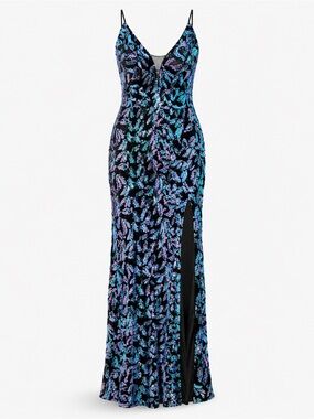 Macy’s Sequin Evening Gown Size S Black Teal Purple Strappy Back Slit 63 In